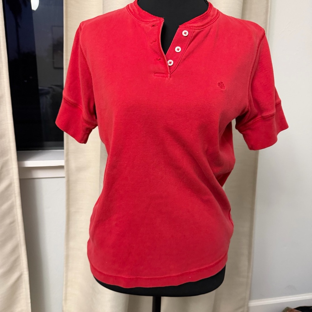 Vintage Lauren Ralph Lauren Women's Red Short-Sleeve Henley Top